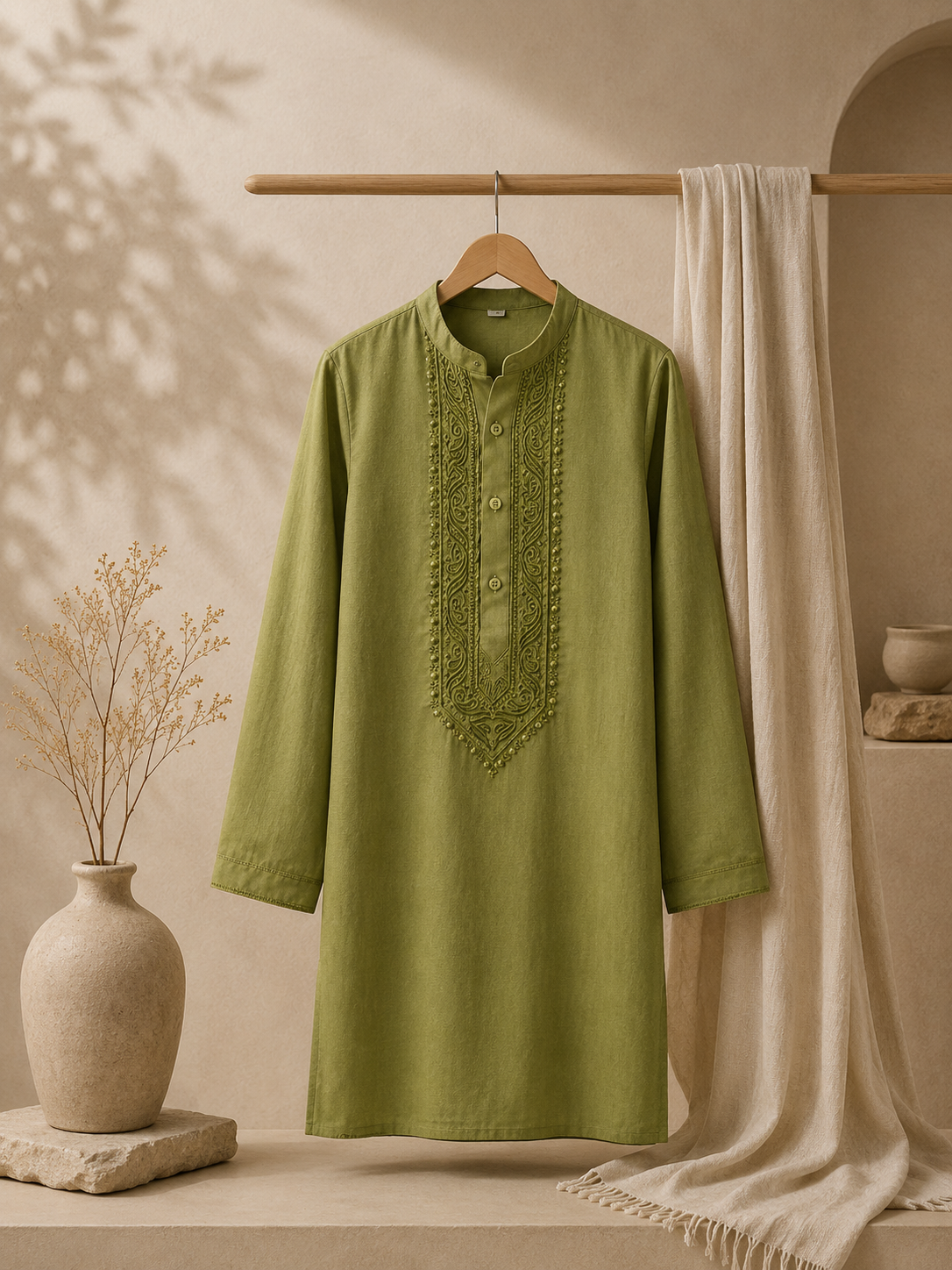Elegant Olive Green Embroidered Kurta