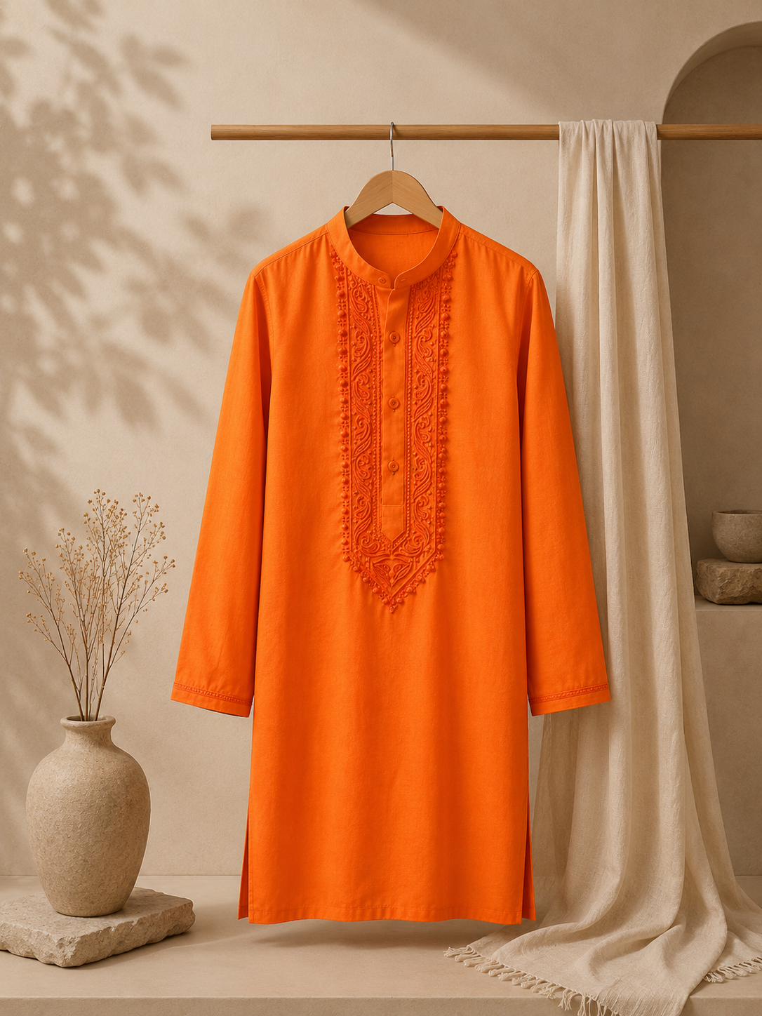 Elegant Sunset Orange Embroidered Kurta